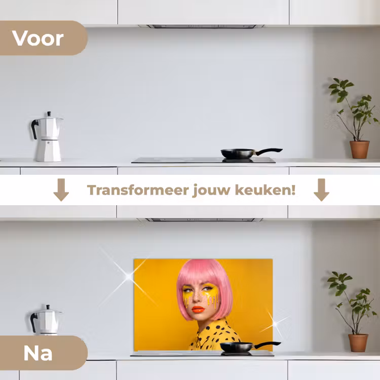 Vrouw - Portret - Abstract - Kleurrijk - Geel keuken achterwand spatscherm klein -voor_na_NL