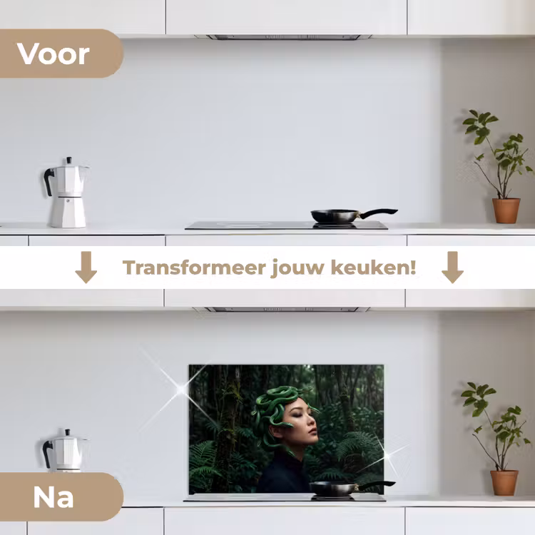 Vrouw - Slang - Natuur - Mystiek - Groen keuken achterwand spatscherm klein -voor_na_NL