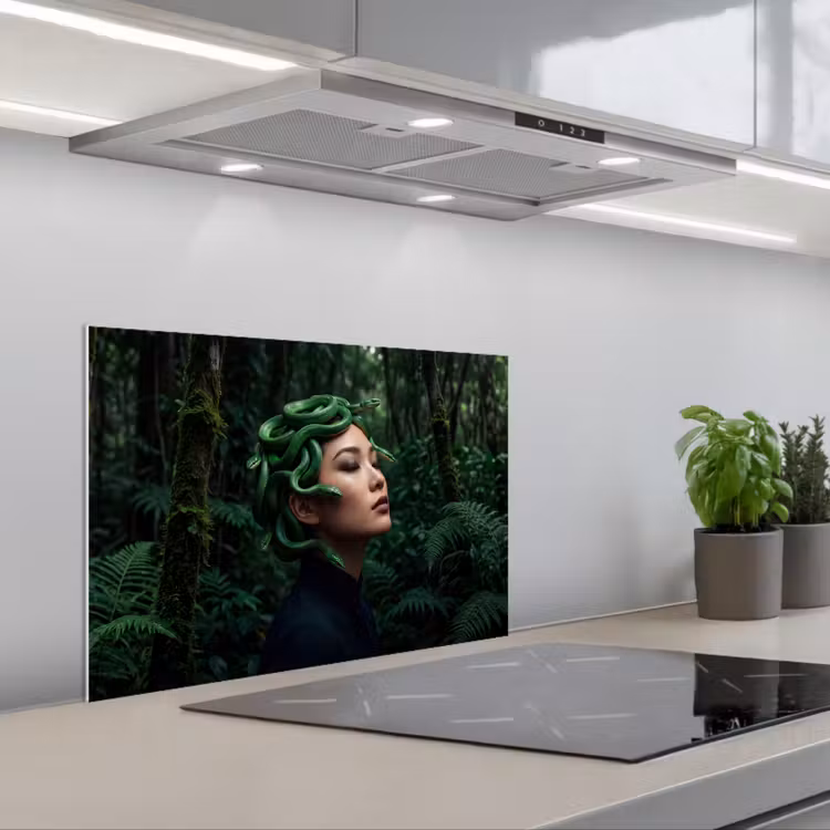 Vrouw - Slang - Natuur - Mystiek - Groen keuken achterwand spatscherm klein -3d_schuin