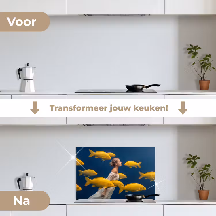 Vrouw - Vis - Water - Natuur - Geel keuken achterwand spatscherm klein -voor_na_NL