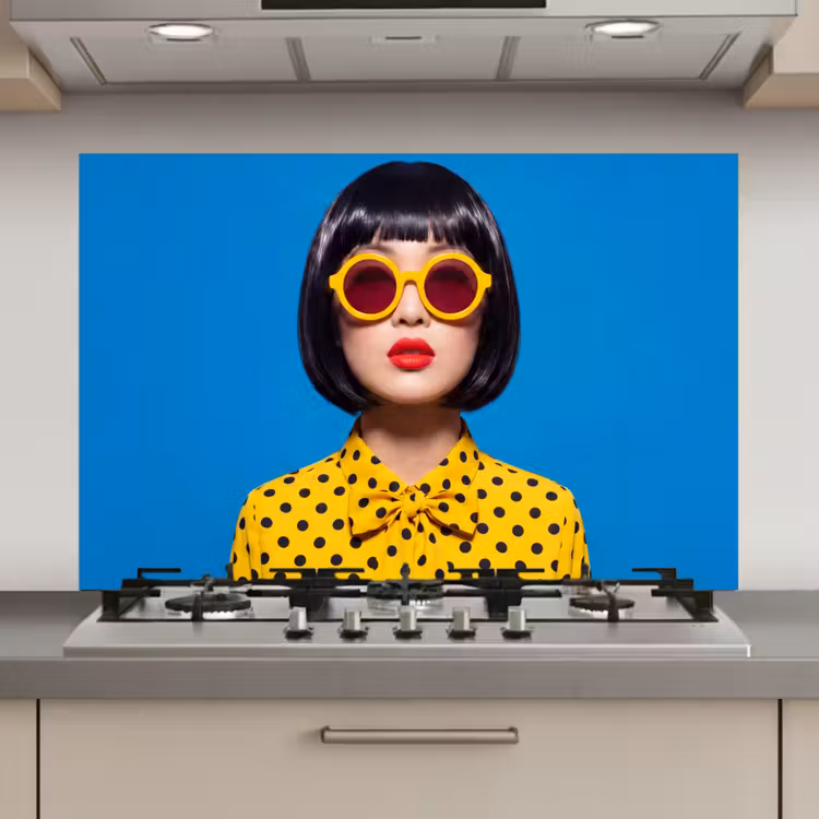 Vrouw - Zonnebril - Pop Art - Portret - Geel keuken achterwand spatscherm klein -3d_website