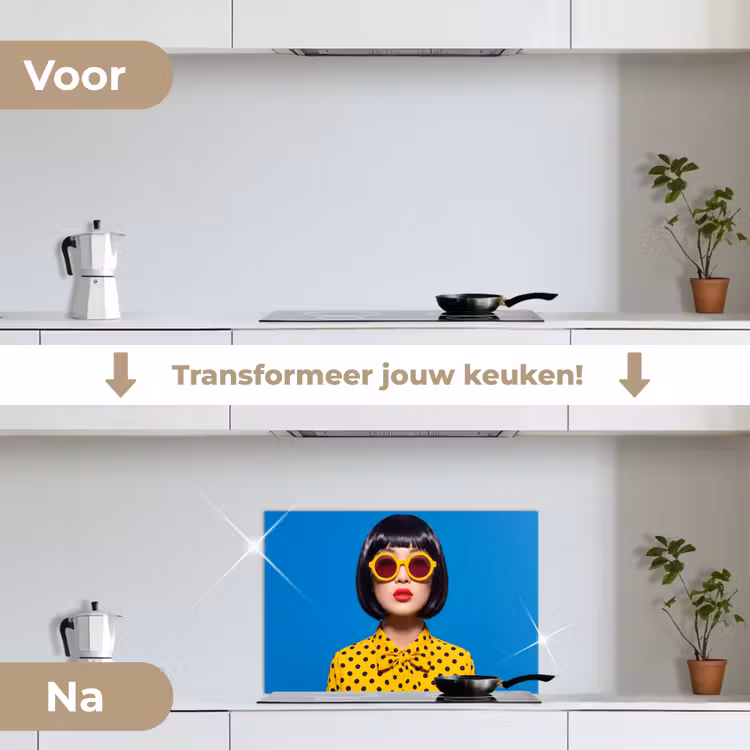 Vrouw - Zonnebril - Pop Art - Portret - Geel keuken achterwand spatscherm klein -voor_na_NL
