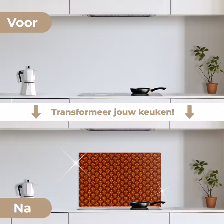 Waaiers - Art Deco - Botanisch - Roestbruin - Oranje keuken achterwand spatscherm klein 900 -voor_na_NL