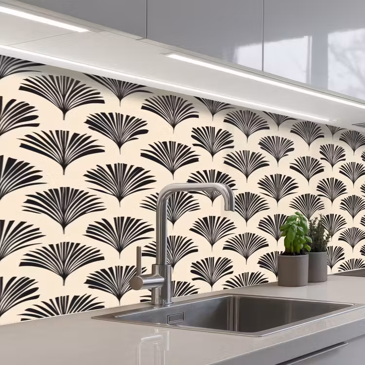 Waaiers - Botanisch - Zwart - Beige keuken achterwand 2 middel 871 -3d_schuin
