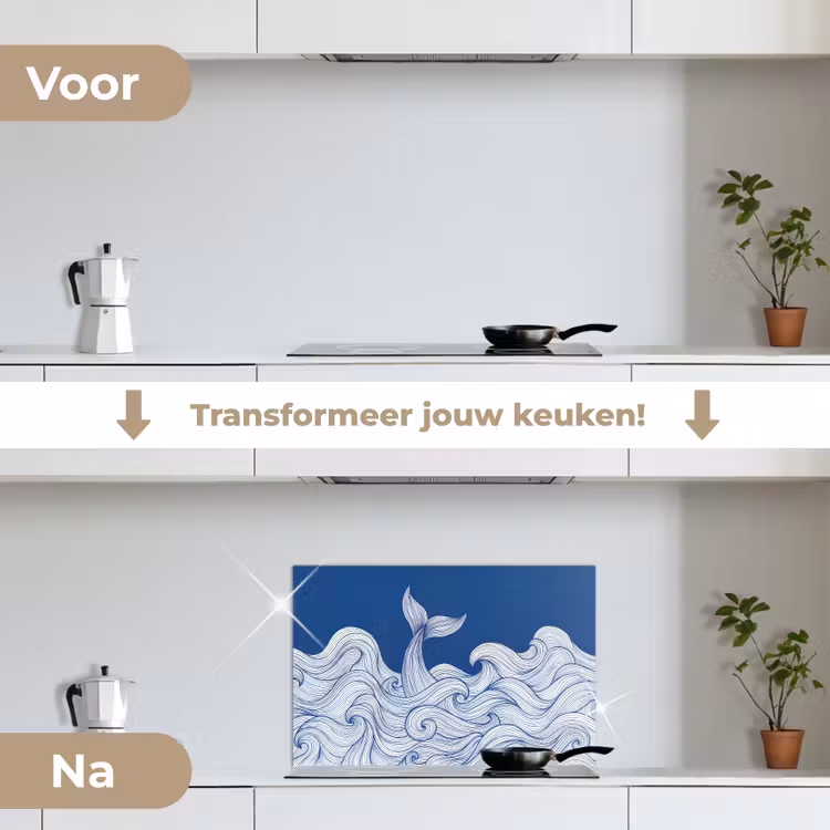 Walvis - Staart - Golven - Lijntekening - Blauw keuken achterwand spatscherm klein -voor_na_NL