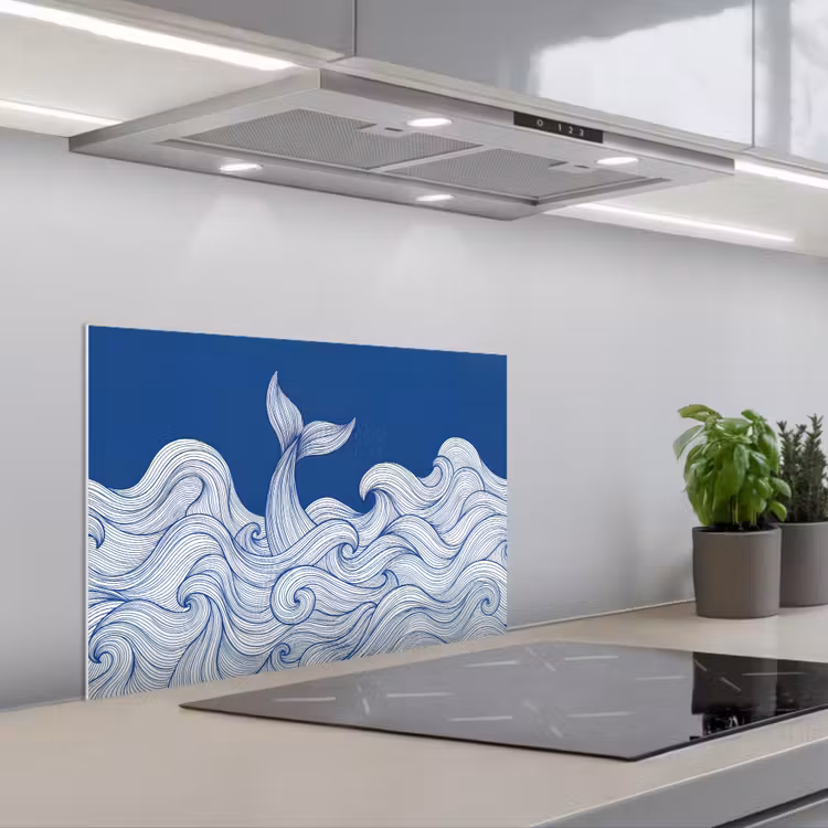 Walvis - Staart - Golven - Lijntekening - Blauw keuken achterwand spatscherm klein -3d_schuin