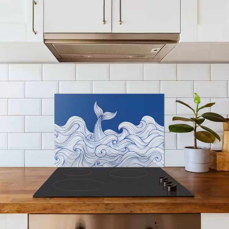 Walvis - Staart - Golven - Lijntekening - Blauw keuken achterwand spatscherm klein -sfeer2