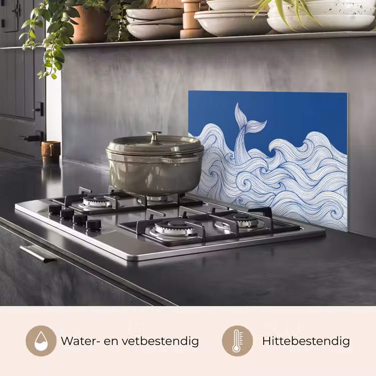 Walvis - Staart - Golven - Lijntekening - Blauw keuken achterwand spatscherm klein -usp_NL
