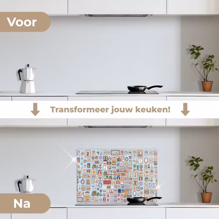 Wanddecoratie - Collectie - Huis - Illustratief - Kleurrijk keuken achterwand spatscherm klein -voor_na_NL