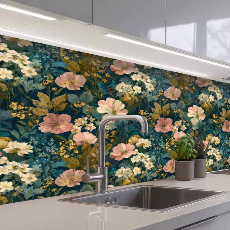 Wilde bloemen - Botanisch - Patroon - Roze - Romantisch keuken achterwand 2 middel 871 -3d_schuin
