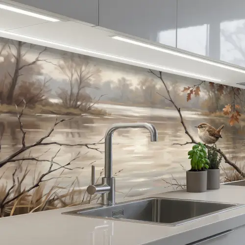Winterkoninkje - Tak - Rivier - Natuur - Sfeervol keuken achterwand 2 middel -3d_schuin