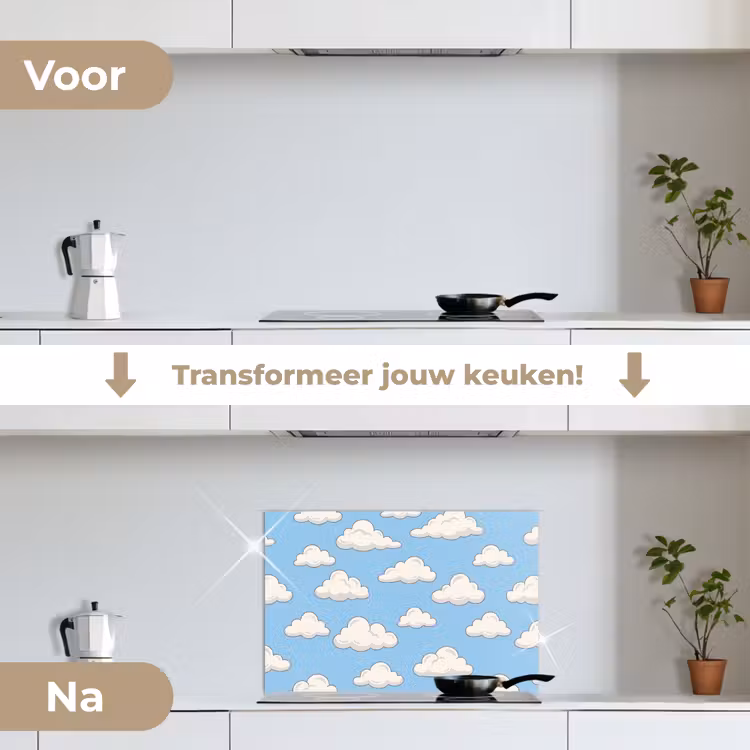 Wolk - Cartoon - Lucht - Blauw - Wit keuken achterwand spatscherm klein -voor_na_NL