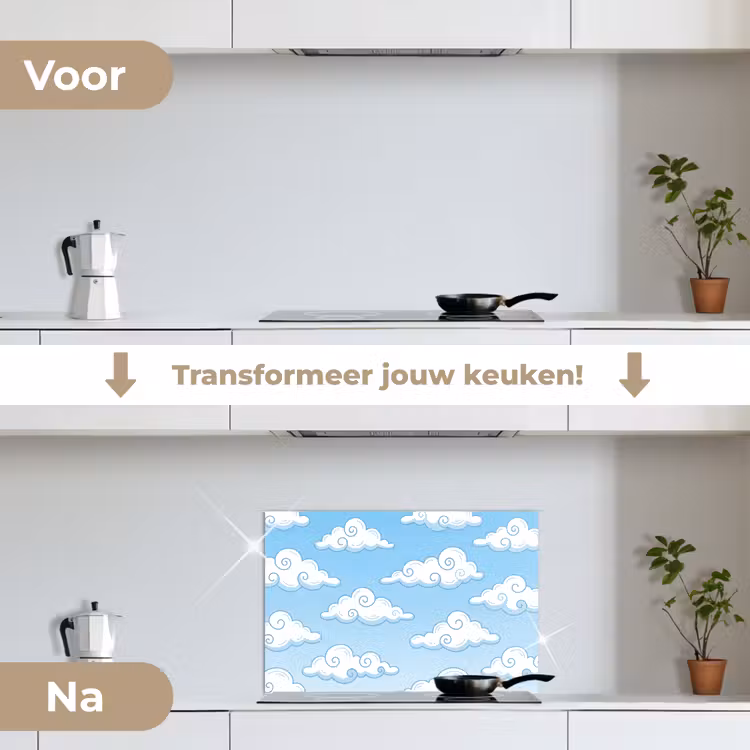 Wolk - Lucht - Cartoon - Blauw - Wit keuken achterwand spatscherm klein -voor_na_NL