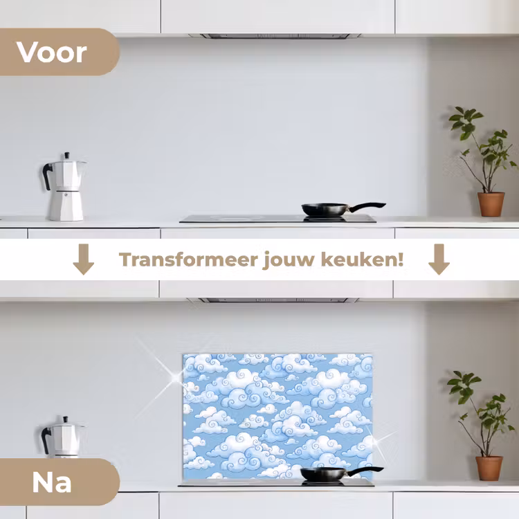 Wolken - Patroon - Hemel - Illustratie - Wit keuken achterwand spatscherm klein -voor_na_NL