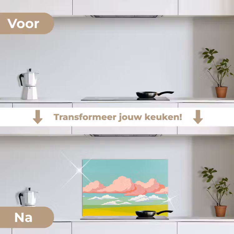 Wolken - Roze - Natuur - Modern - Pastel keuken achterwand spatscherm klein -voor_na_NL