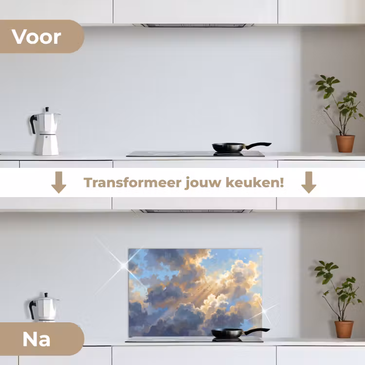 Wolken - Zonnestralen - Natuur - Abstract - Blauw keuken achterwand spatscherm klein -voor_na_NL