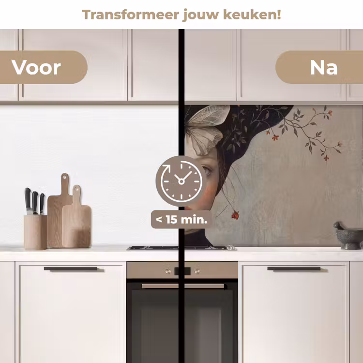 Woman - Butterfly - Art - Classic - Muted keuken achterwand 2 middel -voor-na2_NL