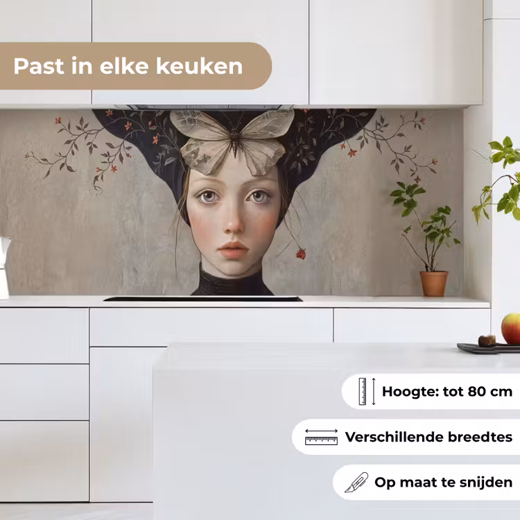 Woman - Butterfly - Art - Classic - Muted keuken achterwand 2 middel -sfeer4_NL