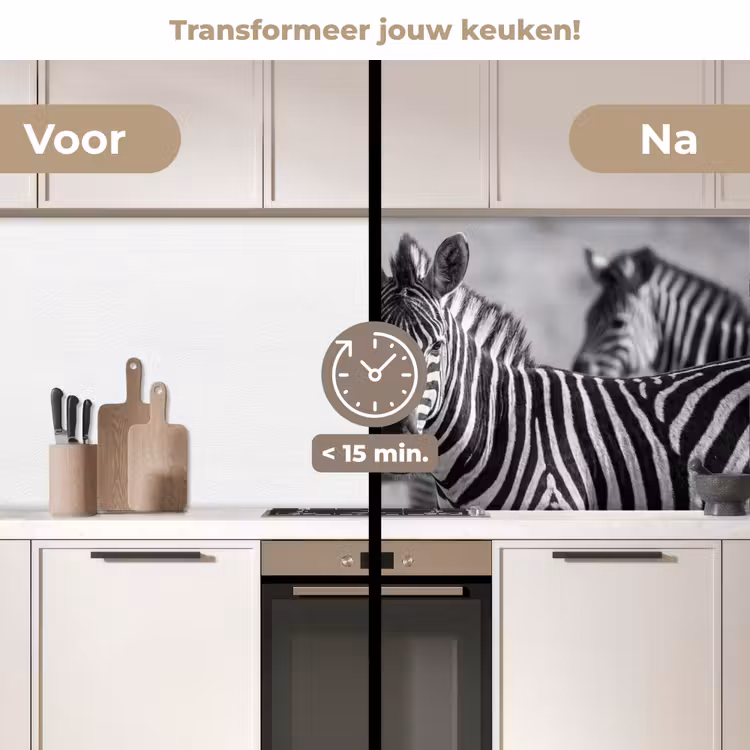 Zebra's - Zwart - Wit keuken achterwand 2 middel -voor-na2_NL