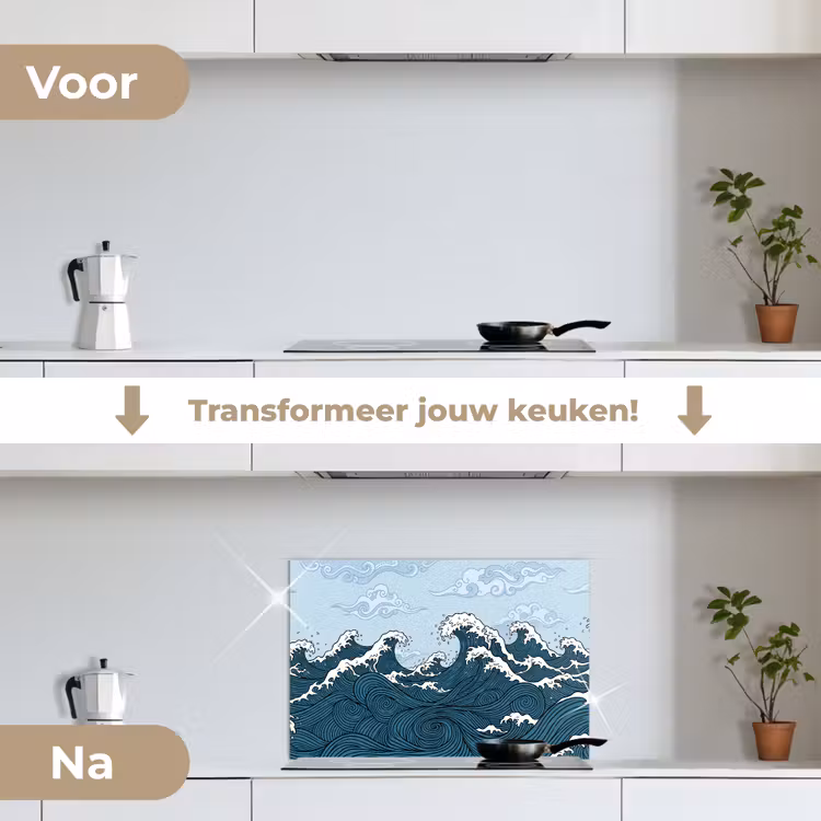 Zee - Golven - Japans - Natuur - Blauw keuken achterwand spatscherm klein -voor_na_NL