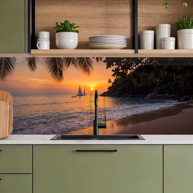 Zee - Zonsondergang - Boot - Natuur - Oranje keuken achterwand 2 middel -sfeer3