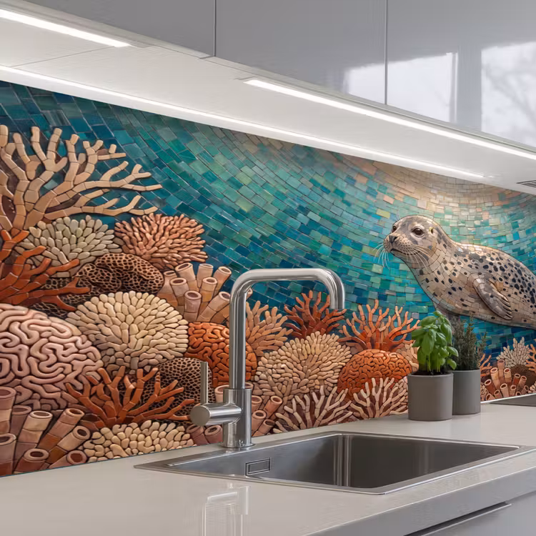 Zeehond - Mozaïek - Onderwater - Dieren - Blauw keuken achterwand 2 middel -3d_schuin
