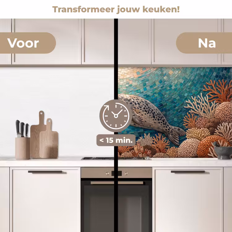 Zeehond - Mozaïek - Onderwater - Dieren - Blauw keuken achterwand 2 middel -voor-na2_NL