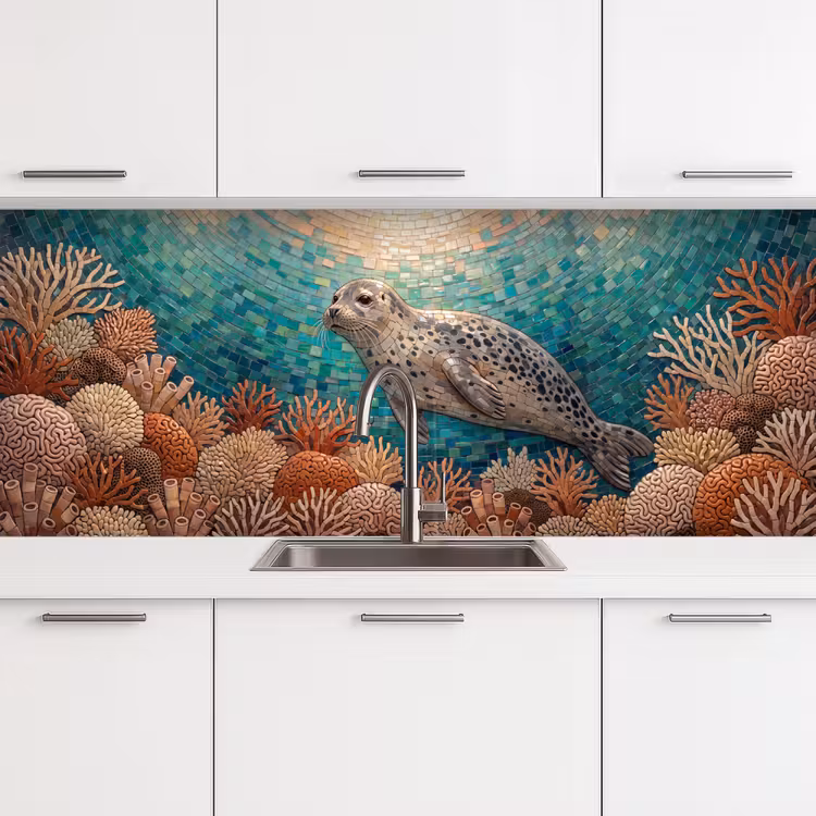 Zeehond - Mozaïek - Onderwater - Dieren - Blauw keuken achterwand 2 middel -3d