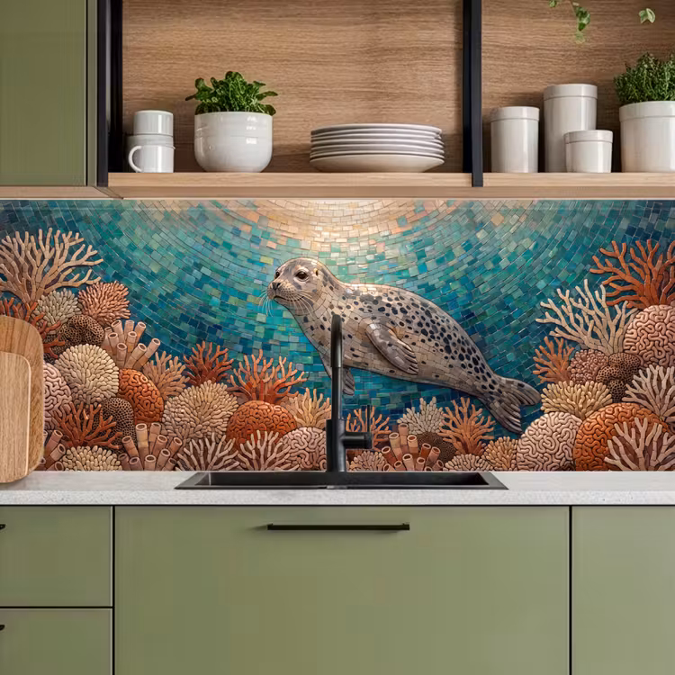 Zeehond - Mozaïek - Onderwater - Dieren - Blauw keuken achterwand 2 middel -sfeer3