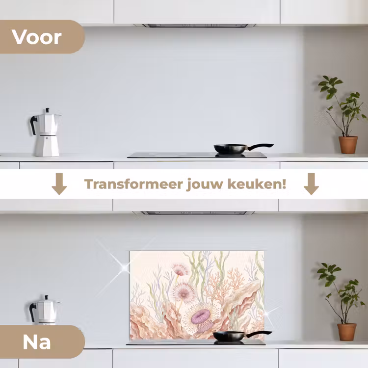 Zeeleven - Koraal - Onderwater - Illustratie - Kleurrijk keuken achterwand spatscherm klein -voor_na_NL