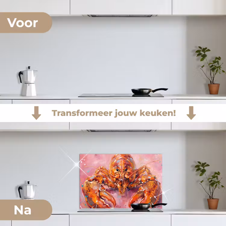 Zeeleven - Kreeft - Spatters - Abstract - Roze keuken achterwand spatscherm klein -voor_na_NL