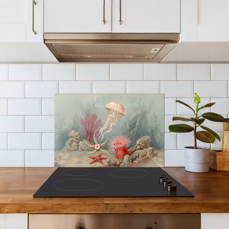 Zeeleven - Kwal - Onderwater - Illustratie - Beige keuken achterwand spatscherm klein -sfeer2