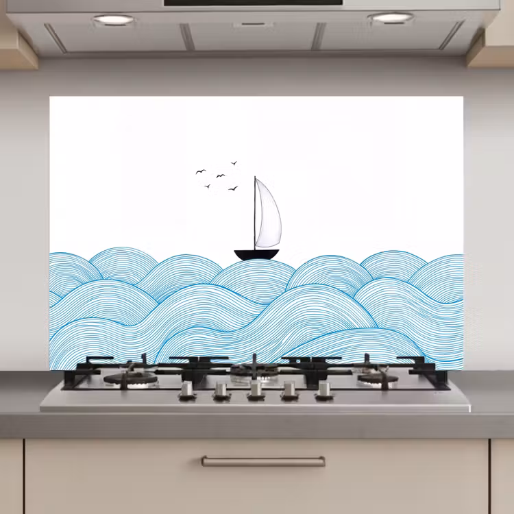 Zeilboot - Golven - Zee - Illustratie - Blauw keuken achterwand spatscherm klein -3d_website