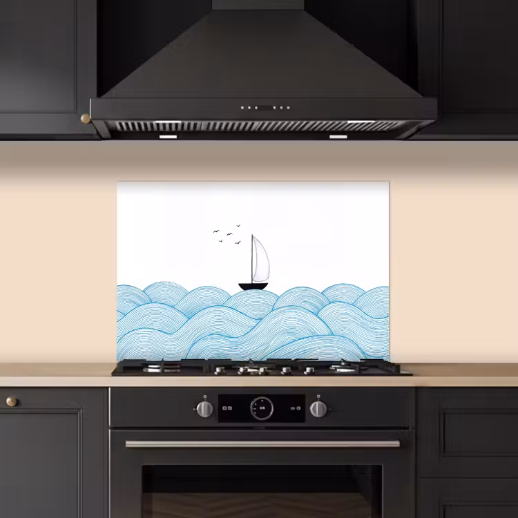 Zeilboot - Golven - Zee - Illustratie - Blauw keuken achterwand spatscherm klein -sfeer1
