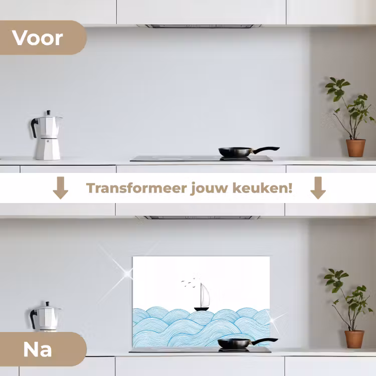 Zeilboot - Golven - Zee - Illustratie - Blauw keuken achterwand spatscherm klein -voor_na_NL