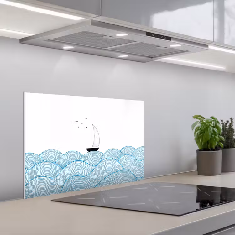 Zeilboot - Golven - Zee - Illustratie - Blauw keuken achterwand spatscherm klein -3d_schuin