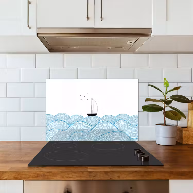 Zeilboot - Golven - Zee - Illustratie - Blauw keuken achterwand spatscherm klein -sfeer2