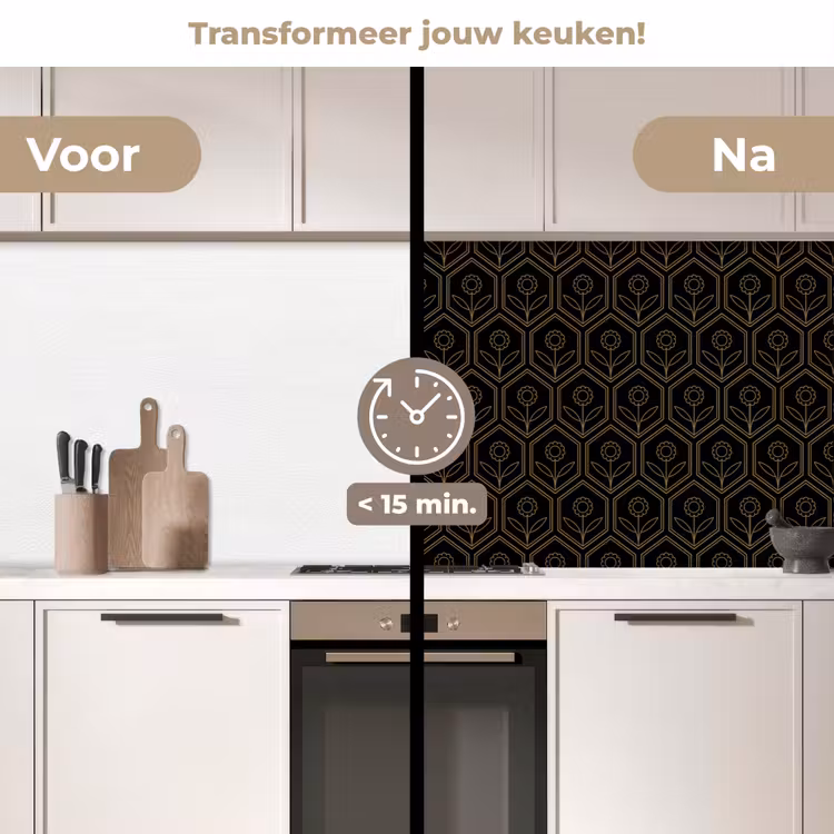 Zeshoek - Zwart - Goud - Bloem keuken achterwand 2 middel 871 -voor-na2_NL