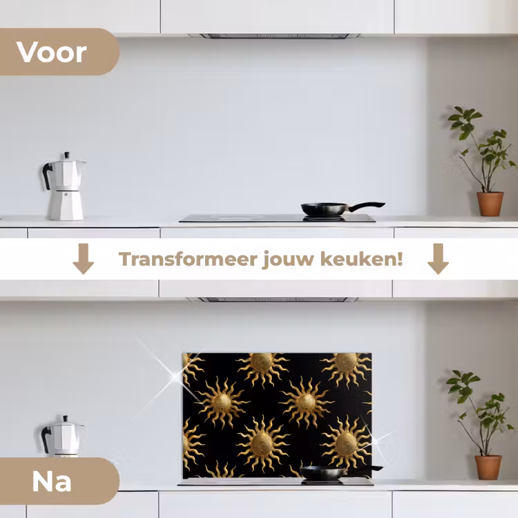 Zon - Patroon - Luxe - Goud - Zwart keuken achterwand spatscherm klein 900 -voor_na_NL