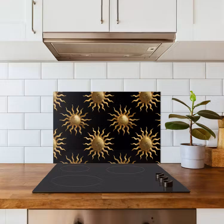 Zon - Patroon - Luxe - Goud - Zwart keuken achterwand spatscherm klein 900 -sfeer2