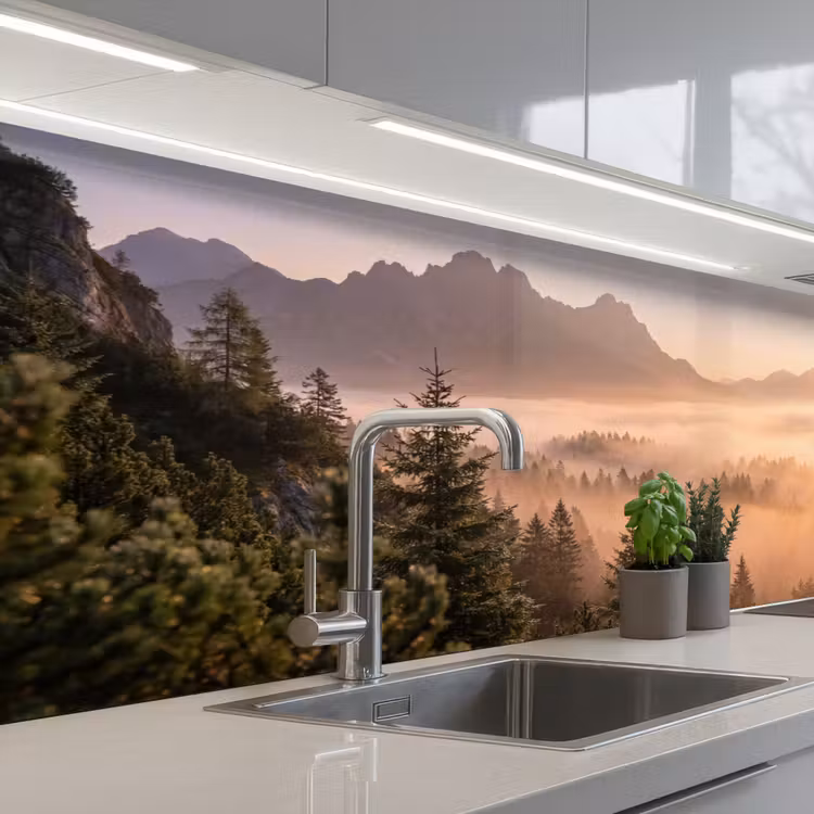 Zonlicht - Mist - Bergen - Bomen keuken achterwand 2 middel -3d_schuin