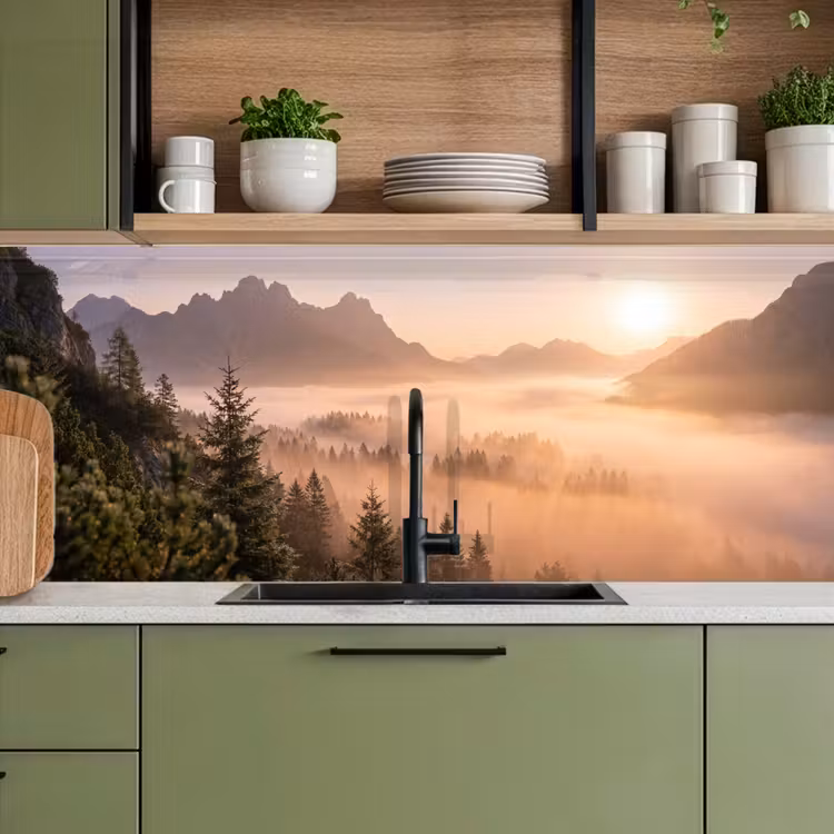 Zonlicht - Mist - Bergen - Bomen keuken achterwand 2 middel -sfeer3