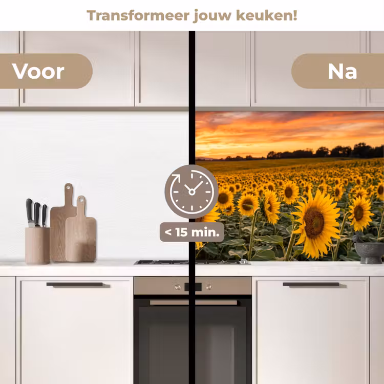 Zonnebloemen - Heuvellandschap - Geel keuken achterwand 2 middel -voor-na2_NL