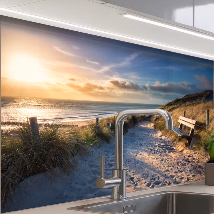 Zonsondergang - Strand - Duin - Gras - Bank keuken achterwand sample klein -zzzz3d_schuin