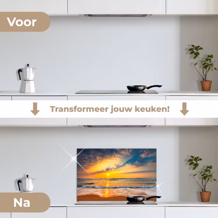 Zonsondergang - Strand - Zee - Wolken - Oranje keuken achterwand spatscherm klein -voor_na_NL
