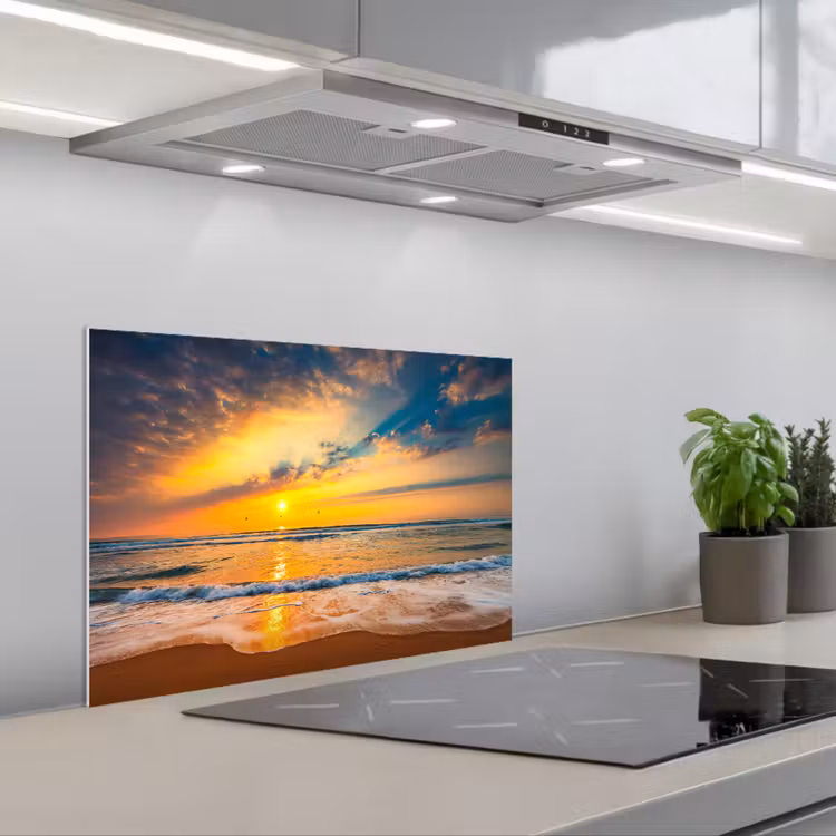Zonsondergang - Strand - Zee - Wolken - Oranje keuken achterwand spatscherm klein -3d_schuin