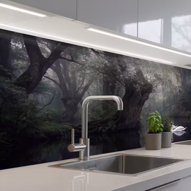 Zwanen - Rivier - Bos keuken achterwand 2 middel -3d_schuin