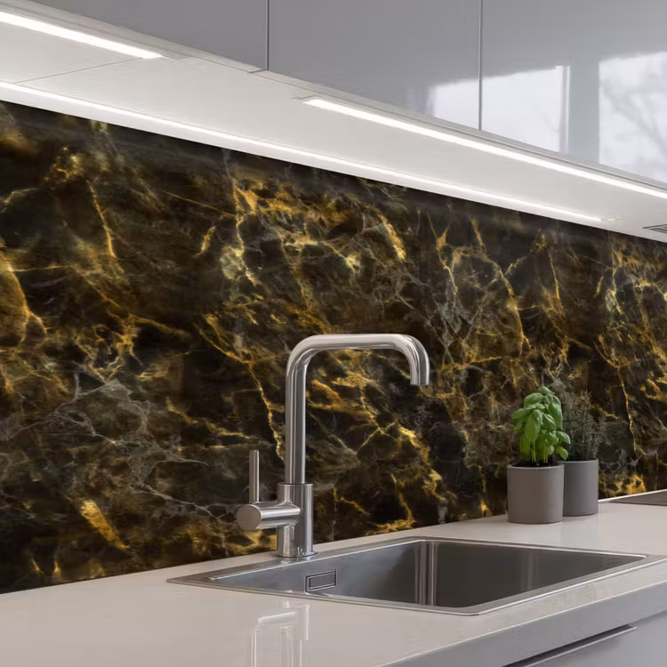 Zwart - Marmer - Goud keuken achterwand 2 middel 871 -3d_schuin