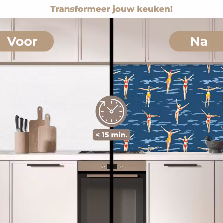 Zwemsters- Retro - Blauw keuken achterwand 2 middel 871 -voor-na2_NL