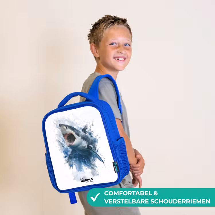 Aanvallende haai in waterverf Kinderrugzak - Blauw middel -sfeer3_NL